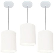 Kit/3 Lustre Pendente Cilíndrico Md-4012 Cúpula em Tecido 18x25cm Branco - Bivolt