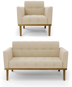 Namoradeira com Poltrona Base de Madeira Castanho Elisa Suede D03 - D'Rossi - Bege