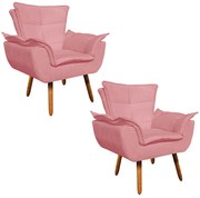 Poltrona Sala de Estar Pé Palito de Madeira Kit 2 Opala Suede - Rose