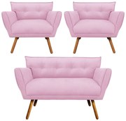 Kit 1 Namoradeira 2 Lugares E 2 Poltronas Anitta Suede Pés Palito Castanho D03 - D'Rossi - Rosa Bebê
