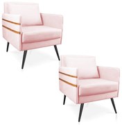 Kit 02 Poltronas Mari Suede Pés Palito de Ferro Marrom D03 - D'Rossi - Rosa Bebê