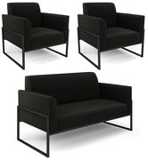 Sofá Namoradeira com 2 Poltronas Base Industrial Alta Preto Marisa Suede - Preto