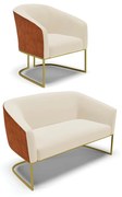 Sofá Namoradeira e Poltrona Industrial Dourado Stella Noz/Linho Bege D03 - D'Rossi