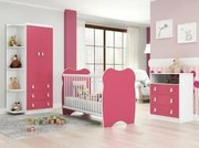 Quarto de Bebê Completo: Guarda-roupa + Cômoda com 3 Gavetas + Berço- Rosa/Branco