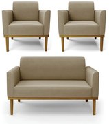 Conjunto 2 Poltronas e 1 Namoradeira Decorativa Isabella Pés Fixo em Madeira Castanho Suede Nude G19 - Gran Belo