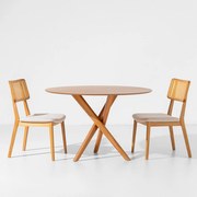 Conjunto Mesa de Jantar Thai Redonda Carvalho Americano - 1,20m + 2 Cadeiras Lalá Encosto Palha Natural Plot - Cru