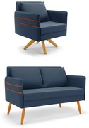 Kit 01 Namoradeira 02 Lugares e 01 Poltrona Mari Suede Base de Madeira MA30 D03 - D'Rossi - Azul Marinho