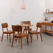 Conjunto Mesa de Jantar Square Laminada Redonda Natural - 88cm + 4 Cadeiras Lalá Estofada PU - Cognac