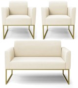 Sofá Namoradeira com 2 Poltronas Base Industrial Dourado Marisa Veludo D03 - D'Rossi - Bege