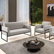 Sofá Namoradeira com Poltrona Base Industrial Alta Preto Marisa Veludo - Cinza