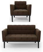 Sofá Namoradeira e Poltrona Base de Madeira Preto Elisa Suede D03 - D'Rossi - Marrom