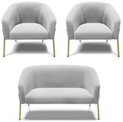 Namoradeira e 2 Poltronas Pé de Ferro Dourado Stella Suede D03 - D'Rossi  - Cinza