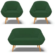 Kit 01 Namoradeira 02 Lugares e 02 Poltronas Giovana Veludo Pés Palito Castanho D03 - D'Rossi - Verde Esmeralda