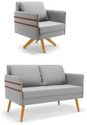 Kit 01 Namoradeira 02 Lugares e 01 Poltrona Mari Suede Base de Madeira MA30 - Cinza