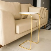 Mesa Lateral Multiuso Tampo Branco Base Dourada para Sofá J01 - D'Rossi