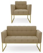 Kit 1 Sofá Namoradeira e 1 Poltrona Elisa Suede Base Metálica Industrial Dourado D03 - D'Rossi - Marrom Rato