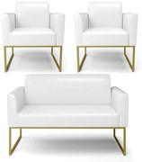 Sofá Namoradeira com 2 Poltronas Base Industrial Dourado Marisa Corano D03 - D'Rossi - Branco
