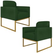 Kit 2 Poltronas Decorativas Isabella Base Industrial Suede Verde/Dourado G19