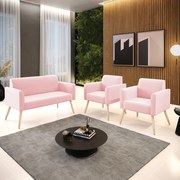 Sofá Namoradeira com 2 Poltronas Pés Palito Natural Marisa Suede - Rosa Bebê