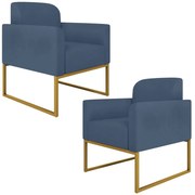 Kit 2 Poltronas Decorativas Isabella Base Industrial Suede Azul Marinho/Dourado G19