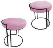 Puff Redondo Base Industrial Preto Kit 2 Love Suede - Rosa Bebê