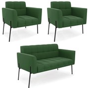 Sofá Namoradeira e 2 Poltronas Pé de Ferro Preto Elisa Suede D03 - D'Rossi - Verde