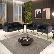 Kit 1 Sofá Namoradeira e 2 Poltronas Elisa Corano Preto Base Metálica Industrial Dourado D03 - D'Rossi