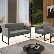 Sofá Namoradeira com Poltrona Base Industrial Preto Marisa Suede - Grafite