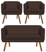 Kit 01 Namoradeira e 02 Poltronas Julia Suede Pés Palito Castanho D01 - D'Rossi - Marrom