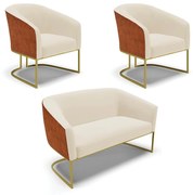 Namoradeira e 2 Poltronas Industrial Dourado Stella Noz/Linho D03 - D'Rossi - Bege