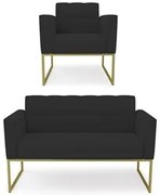 Sofá Namoradeira e 1 Poltrona Base Industrial Dourado Ana Veludo Preto