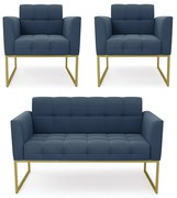 Kit 1 Sofá Namoradeira e 2 Poltronas Elisa Suede Azul Marinho Base Metálica Industrial Dourado - D'Rossi