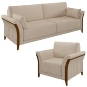 Kit Sofá Living 3 Lugares e Poltrona 102cm Pés Madeira Roya Z32 Linho