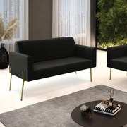 Sofá Namoradeira 2 Lugares Pé de Ferro Dourado Marisa Suede - Preto