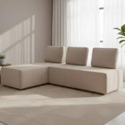 Sofá 3 Lugares Com Chaise 222cm Rovier Veludo Bege Z32      - Mpozenat