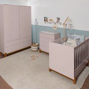 Kit Quarto Infantil Lotus Berço Mini Cama com Frisos + Cômoda 4 Gavetas + Guarda-Roupa 4 Portas com 4 Gavetas - Rosa Fosco