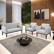 Sofá Namoradeira com 2 Poltronas Base de Madeira Fixa Preto Marisa Linho - A05 Cinza