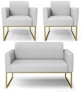 Sofá Namoradeira com 2 Poltronas Base Industrial Dourado Marisa Linho D03 - D'Rossi - A05 Cinza