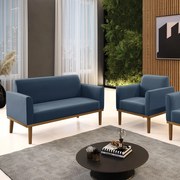 Sofá Namoradeira com Poltrona Base de Madeira Fixa Castanho Marisa Suede - Azul Marinho
