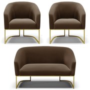Namoradeira e 2 Poltronas Industrial Dourado Stella Suede D03 - D'Rossi - Marrom