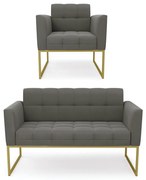 Kit 1 Sofá Namoradeira e 1 Poltrona Elisa Suede Base Metálica Industrial Dourado D03 - D'Rossi - Grafite