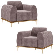 Kit 2 Poltronas Decorativas Sala de Estar Base de Madeira Euro Veludo Rosê G15 - Gran Belo