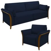 Kit Sofá Living 3 Lugares e Poltrona 102cm Pés Madeira Roya Z32 Veludo