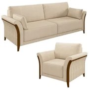 Kit Sofá Living 3 Lugares e Poltrona 102cm Pés Madeira Roya Z32 Linho