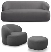 Conjunto Sala de Estar Decorativo Charlote 1 Sofá 180cm 2 Lugares 1 Poltrona Base Fixa com Puff Bouclê Grafite G88 - Gran Belo