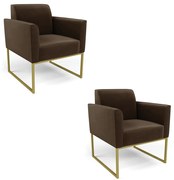 Kit 2 Poltronas Base Industrial Dourado Marisa Suede - Marrom