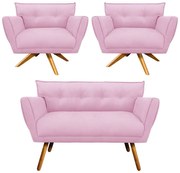 Kit 1 Namoradeira 2 Lugares E 2 Poltronas Anitta Suede Base De Madeira MA30 D03 - D'Rossi - Rosa Bebê