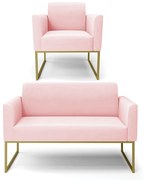 Sofá Namoradeira com Poltrona Base Industrial Dourado Marisa Suede - Rosa Bebê