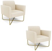 Kit 2 Poltronas Base X Industrial Dourado Marisa Linho - A19 Bege