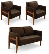 Kit 1 Sofá Namoradeira e 2 Poltronas Lana Suede Base de Madeira - D'Rossi - Marrom